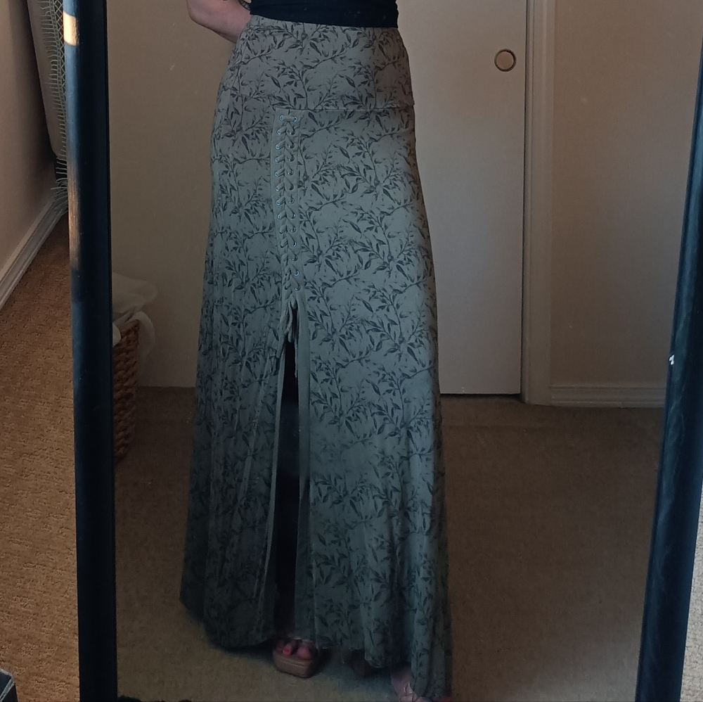 Long Patterned Hemp Maxi Skirt with Slit
